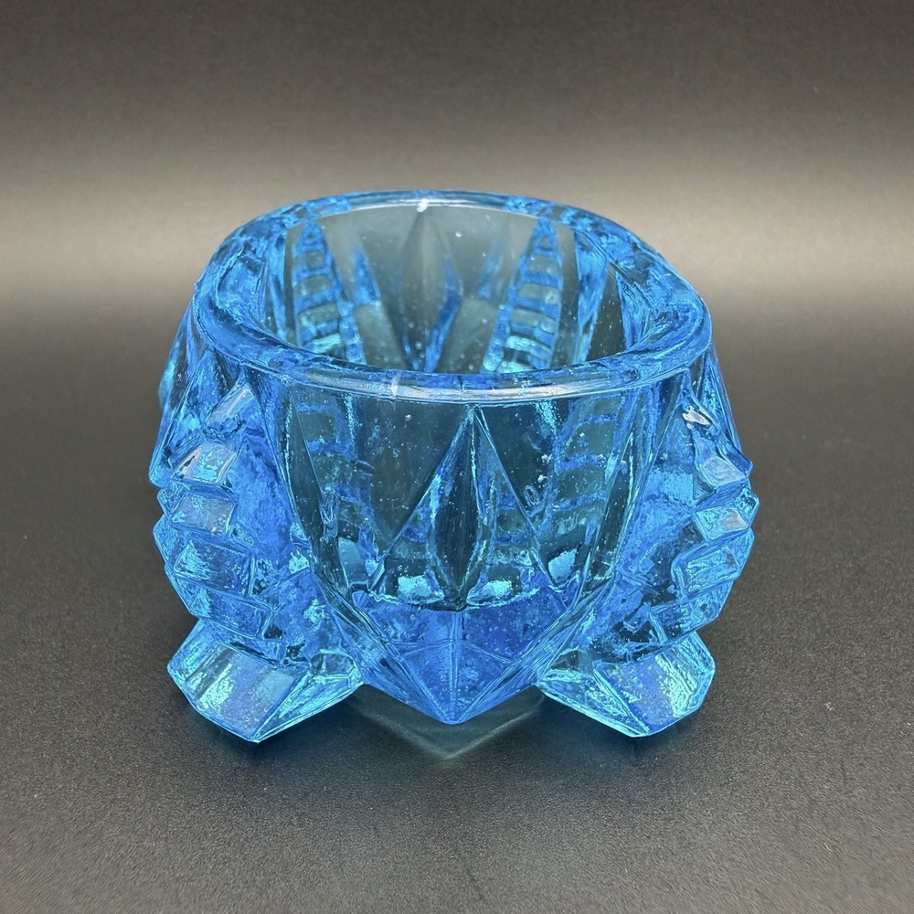 Art Deco Blue Depression Glass Master Salt Cellar Footed Geometric Zipper Design - Picture 5 of 13